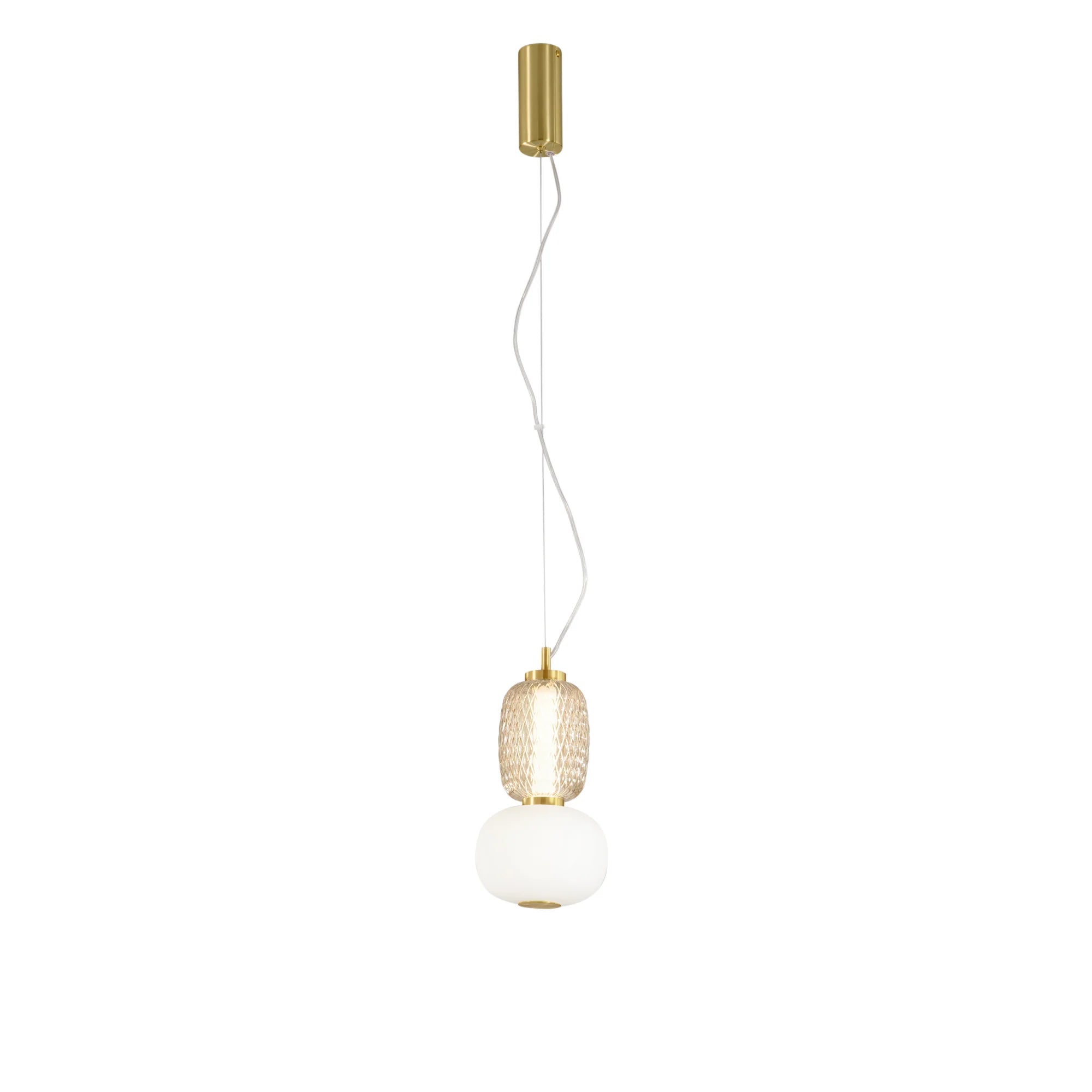 Sospensione LED metallo e vetro soffiato bianco-oro vari modelli luce calda 3000°k TOTEM Sospensione LED metallo e vetro soffiato bianco-oro vari modelli luce calda 3000°k TOTEM